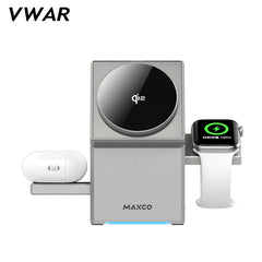 MAXCO Qi2 3-in-1 Wireless charger with Auto-Rotating Phone Dock compatible with MagSafe for iPhone Apple Watch Ultra 2 Airpods