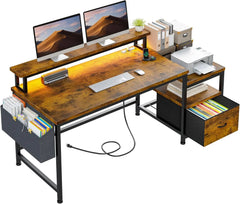 56.5" Computer Desk with Power Outlets,Home Office Desk with Fabric File Cabinet,Study Writing Gaming Desk with Monitor Shelf