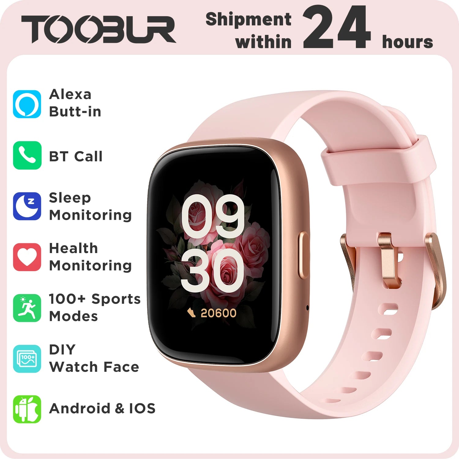 Alexa Built-in TOOBUR Smart Watch Heart Rate Monitor Sleep Tracker Pedometer IP68 Waterproof Smartwatch Compatible Android iOS