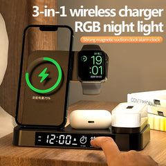 30W 3 In 1 Wireless Charger Stand Pad Alarm Clock Night Light Fast Charging Station Dock for iPhone Samsung Galaxy Watch IWatch