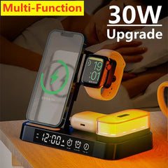 30W 3 In 1 Wireless Charger Stand Pad Alarm Clock Night Light Fast Charging Station Dock for iPhone Samsung Galaxy Watch IWatch